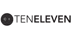 A black circle with binary code next to the text "TEN ELEVEN" in black, with "ELEVEN" bolded.