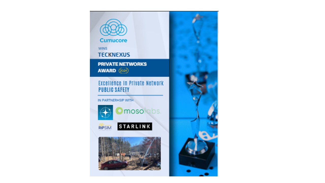 A certificate titled "Cumcore-RIPSIM-award" recognizing excellence in private network safety, featuring logos and a trophy.