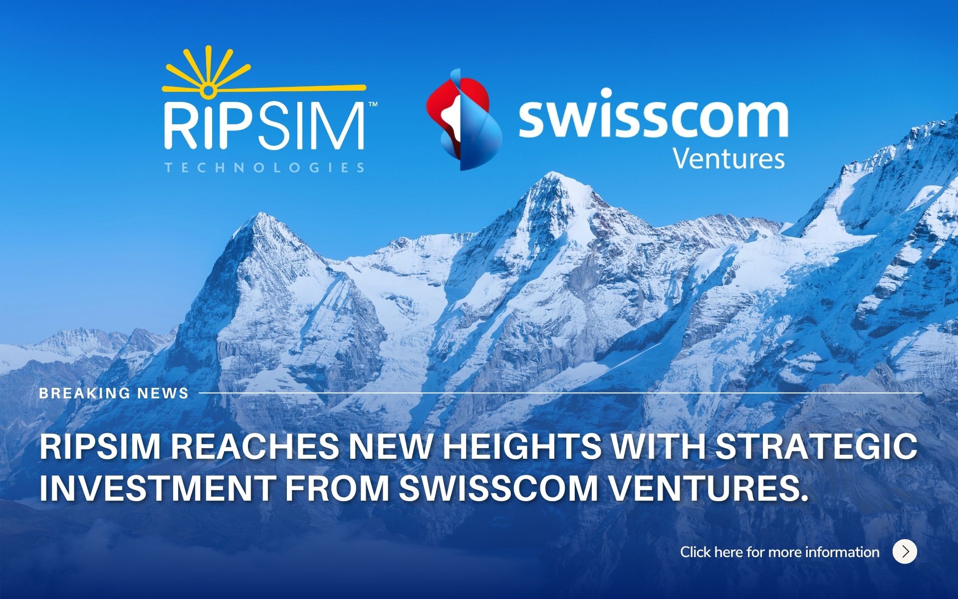 Mountain range with snow-covered peaks against a clear blue sky, featuring logos of RIPSIM Technologies and Swisscom
