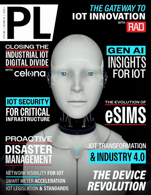 A robot with a human-like face surrounded by text about IoT innovation, security, and industry transformation.