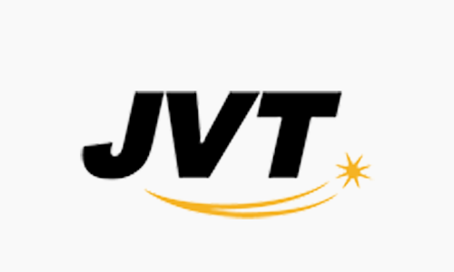 JVT logo features bold black letters "JVT" with an orange star and swoosh underneath.