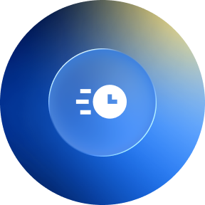 A circular icon with a clock and motion lines representing faster time to market for wireless providers.
