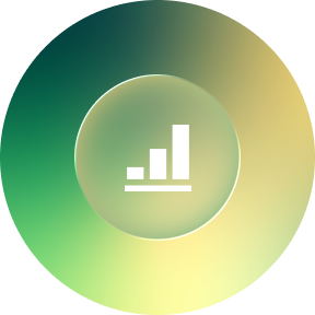 A circular graphic with a central bar chart icon surrounded by a gradient green and yellow background.