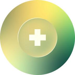 A circular graphic with a white plus sign in the center, surrounded by a gradient of yellow, green, and teal colors.