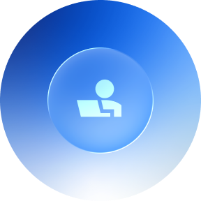 A person working on a laptop in a flexible, modern workspace with a blue gradient background.