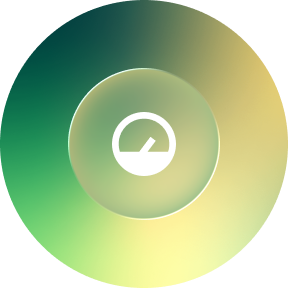 A circular graphic with a gradient background from green to yellow, featuring a central speedometer icon.