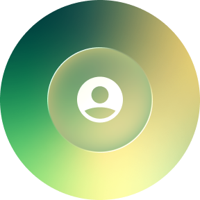 A circular interface with a user icon at the center, surrounded by a gradient green and beige background.