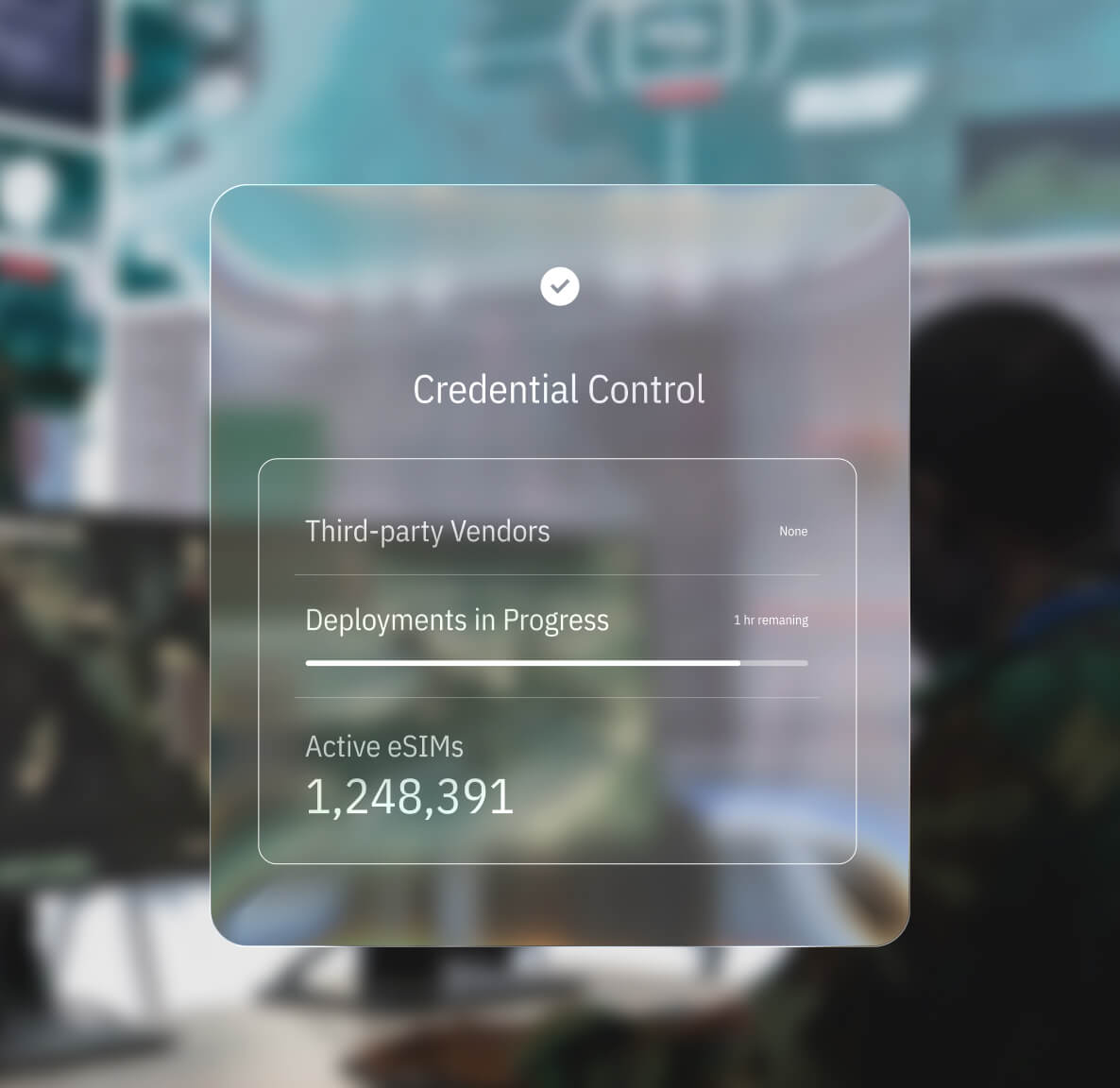 Credential control dashboard displaying third-party vendors, deployment status, and active eSIM count for government and