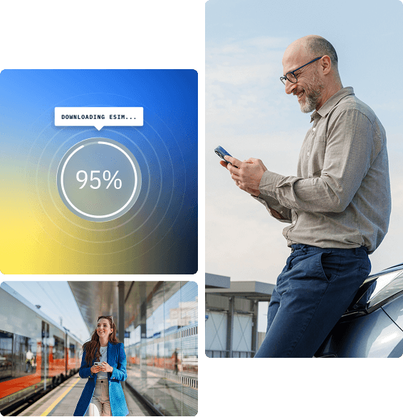 RipSIM-Solutions-Hero-1 A man with glasses and a beard uses his phone outdoors, while a woman waits with a phone at a train station, and a download