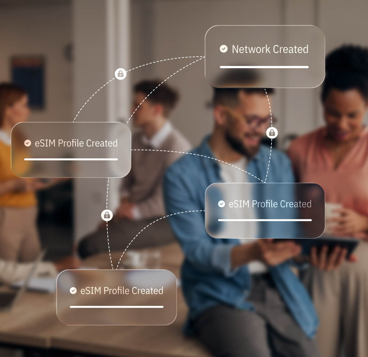 A group of people in a meeting with digital overlay showing network creation and eSIM profile setup progress.
