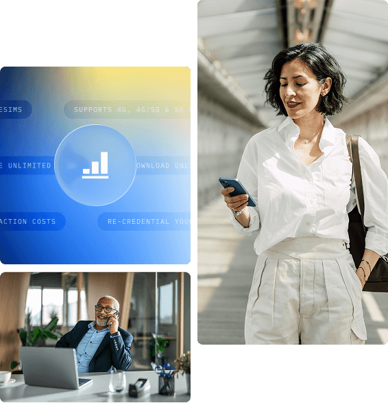A woman in a white shirt looks at her phone at a train station, while a man in a suit works on his laptop in an office, with