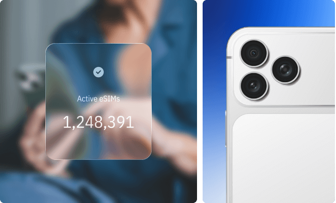 A smartphone displays a screen showing over 1.2 million active eSIMs, illustrating scale from one to millions.