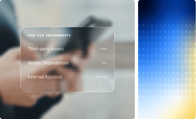 A digital interface displays SIM environment settings like third-party access, vendor dependences, and external approval