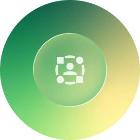 A circular logo with a central icon of interconnected nodes and a person, set against a green to yellow gradient background.