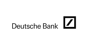 Deutsche Bank logo featuring a black square with a white diagonal line and the bank's name in black text.