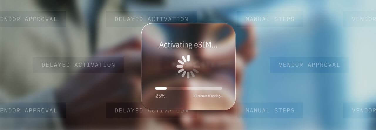 A hand holding a device with a screen displaying an "Activating eSIM" progress bar at 25%, with blurred background text.