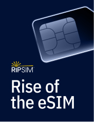 A digital graphic with a dark background features a stylized SIM card and the text "Rise of the eSIM" in white.