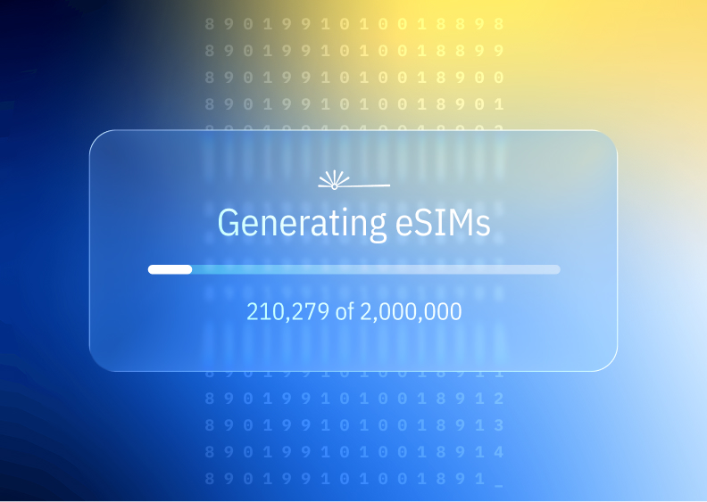 A digital screen displays a progress bar for generating eSIMs, showing 210,279 of 2,000,000 completed.