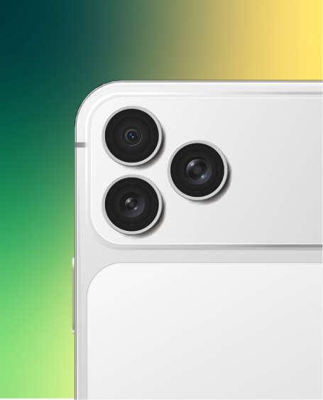 Close-up of the top-left corner of a white smartphone with three camera lenses against a gradient green and yellow