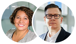 Two professional individuals, a woman with curly hair and a man with glasses, are featured in circular frames.