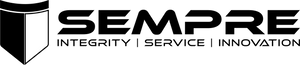 A black and white logo with a stylized, geometric design and the word "Sempre" in bold, modern font.
