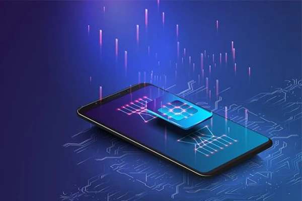 A smartphone with a digital chip overlay and glowing circuit lines, representing advanced mobile technology and connectivity.
