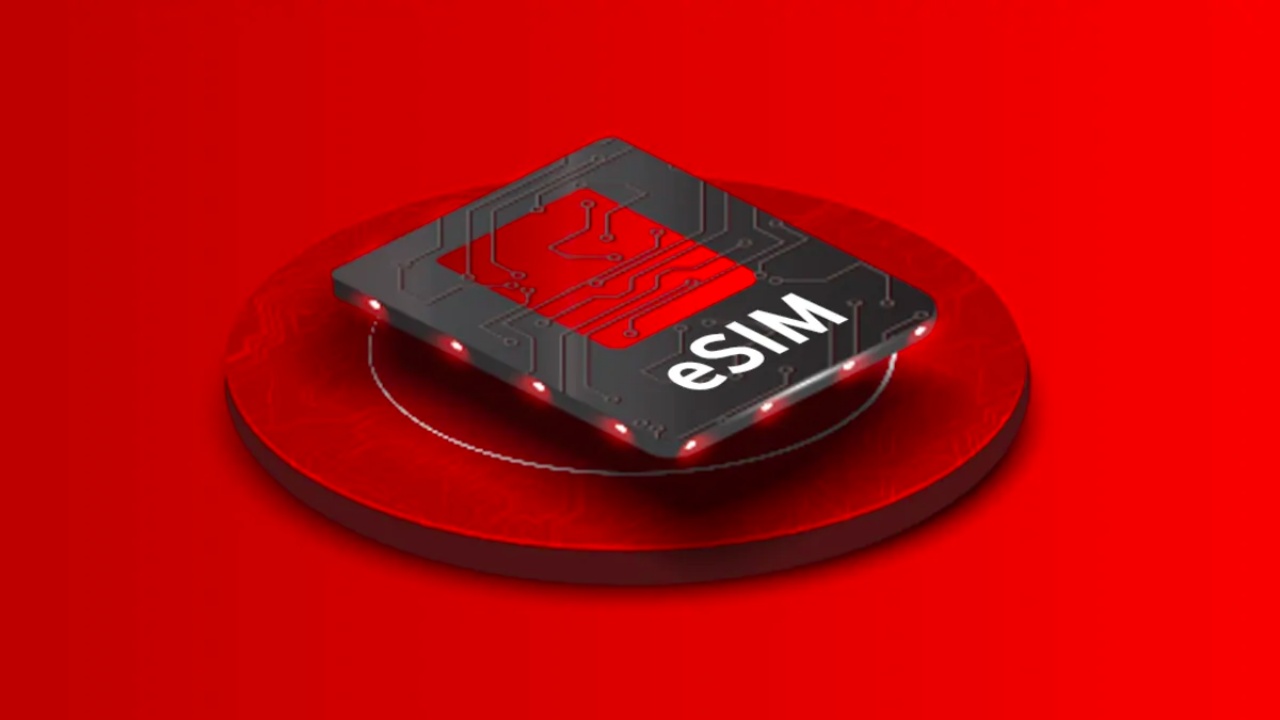 A digital illustration of a microchip labeled "e-sim" on a red background with circuit patterns.