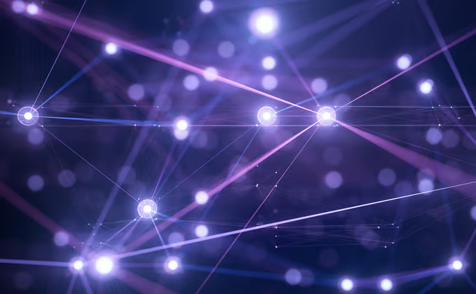 Abstract digital network with interconnected glowing nodes and lines against a dark background.